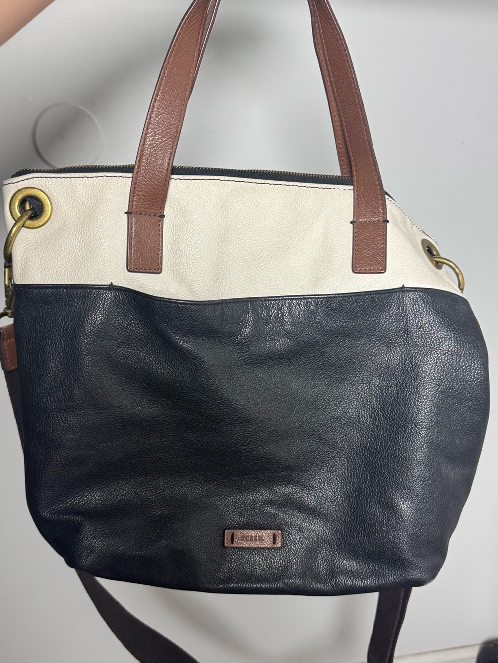 Fossil Two-Tone Leather Shoulder Tote in Black, Cream & Brown